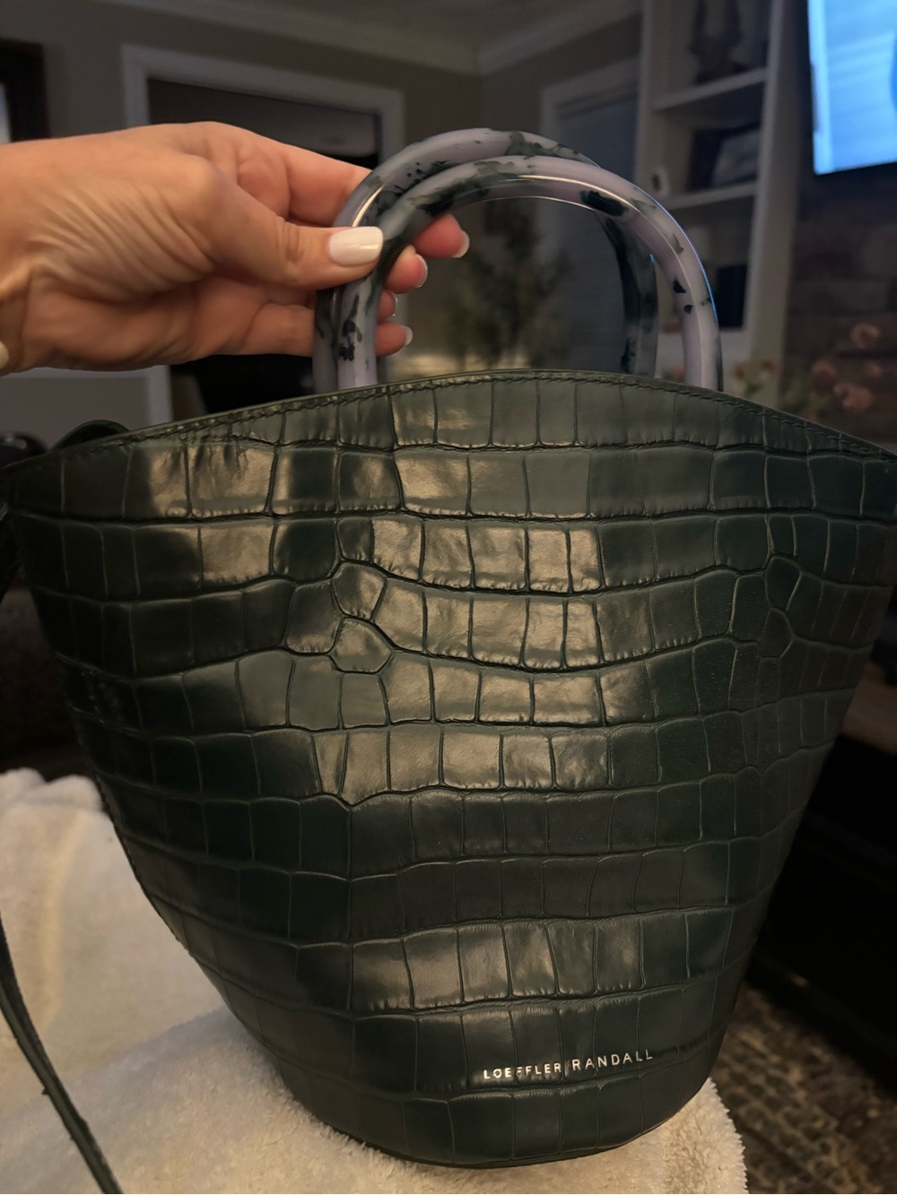 Loeffler Randall Green Croc-Embossed Leather Bucket Bag with Marbled Handles